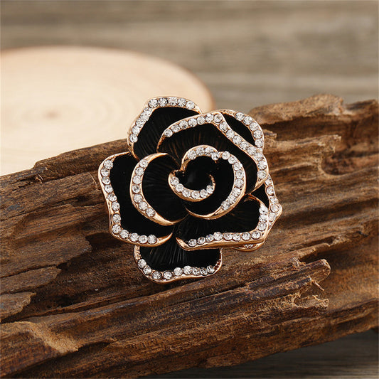 Black Enamel and Cubic Zirconia 18K Gold-Plated Rose Brooch, gold brooch pin, vintage-inspired design, front view