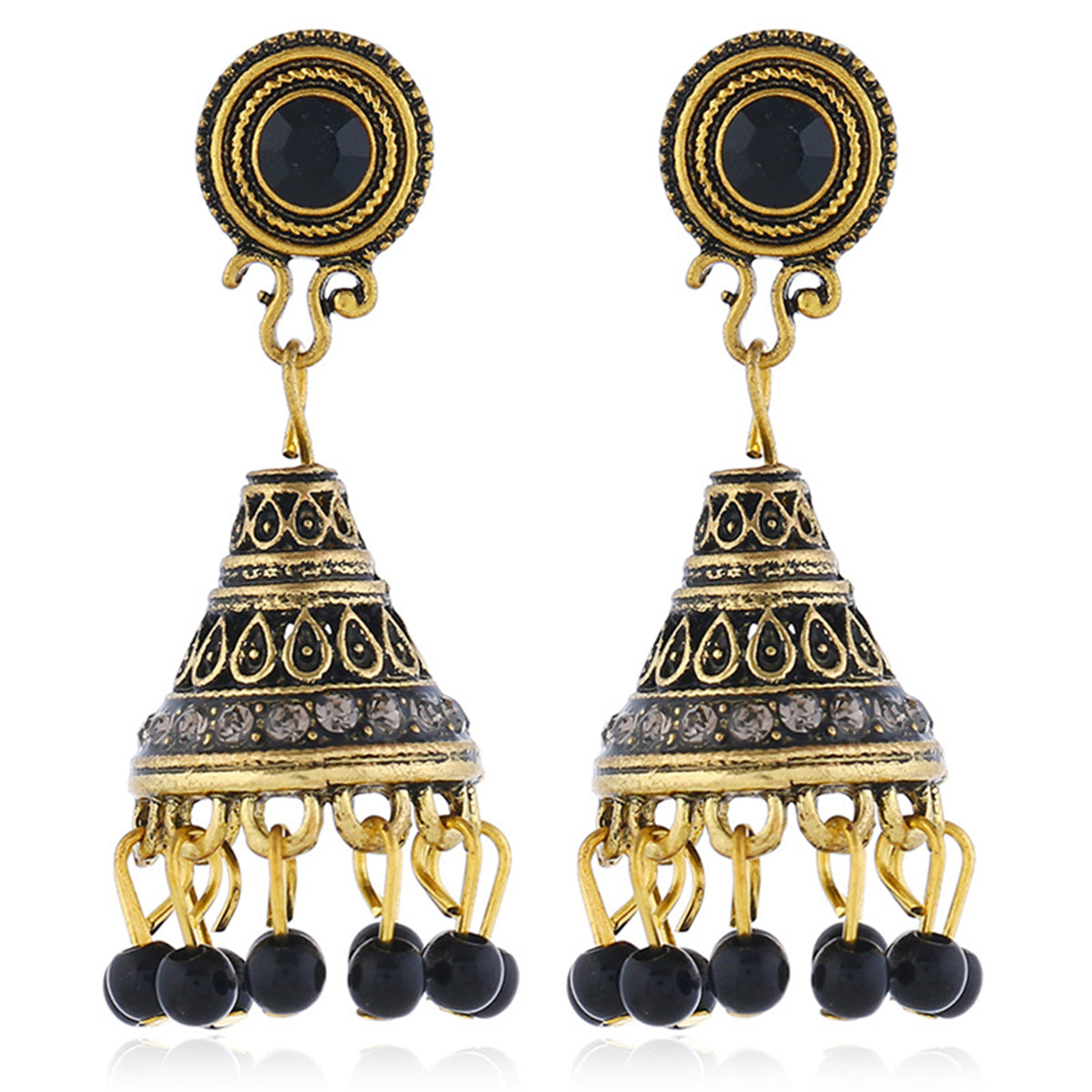 Black Resin and Cubic Zirconia Beaded Tassel Drop Earrings, drop earrings for women, botanical inspired, front view