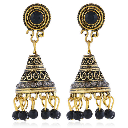 Black Resin and Cubic Zirconia Beaded Tassel Drop Earrings, drop earrings for women, botanical inspired, front view