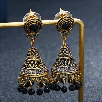 Black Resin and Cubic Zirconia Beaded Tassel Drop Earrings, drop earrings for women, botanical inspired, side view