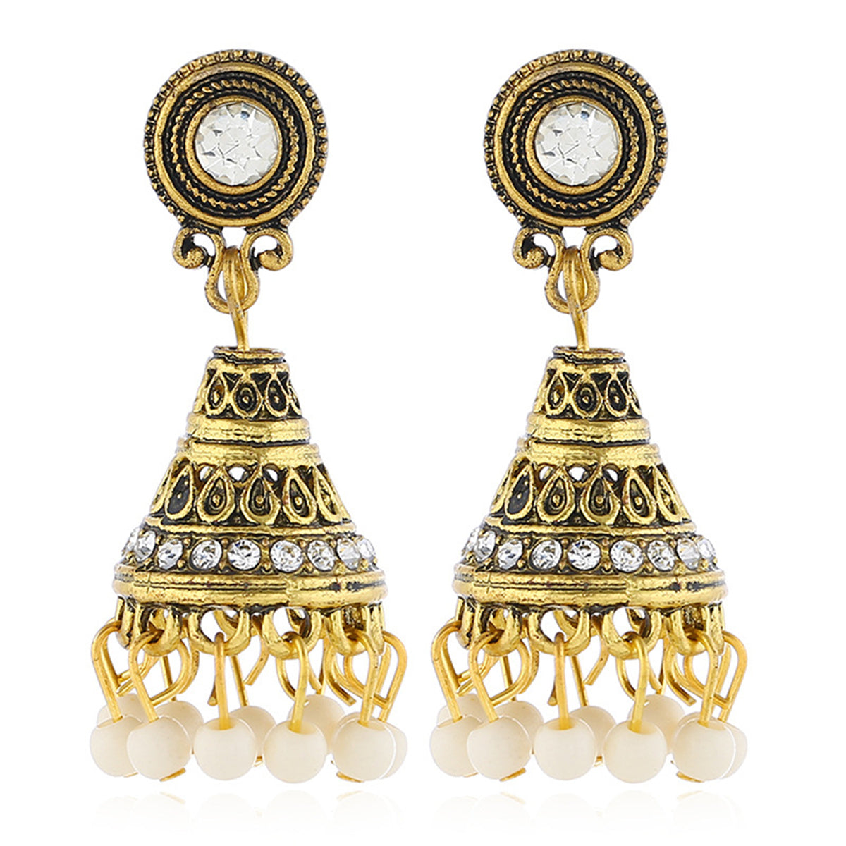 White Resin and Cubic Zirconia Beaded Tassel Drop Earrings, drop earrings for women, vintage-inspired design, front view