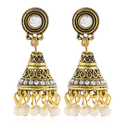 White Resin and Cubic Zirconia Beaded Tassel Drop Earrings, drop earrings for women, vintage-inspired design, front view