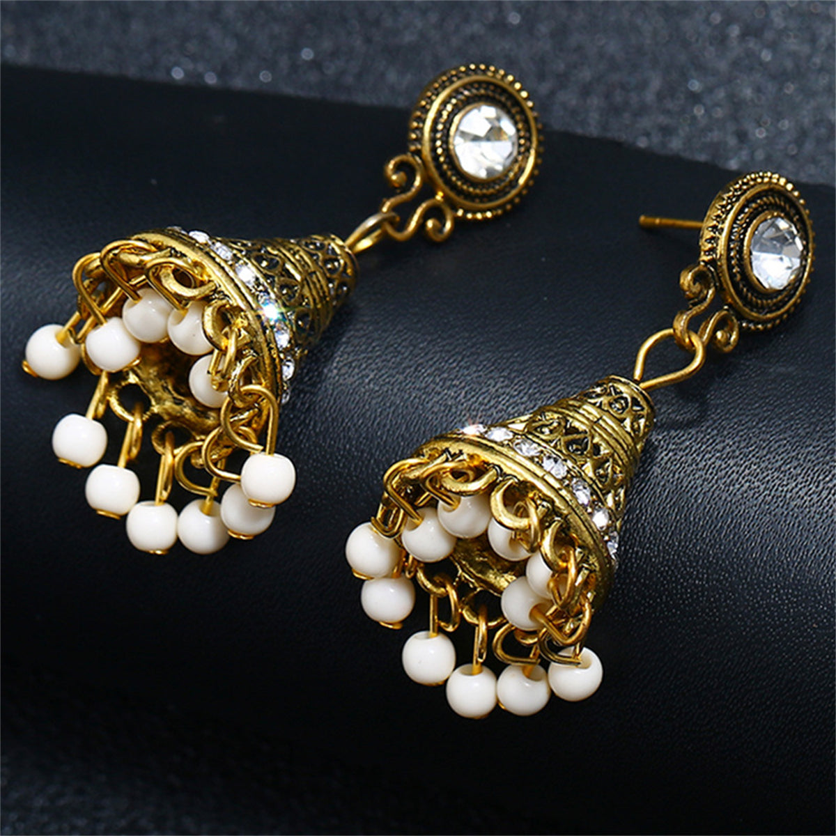 White Resin and Cubic Zirconia Beaded Tassel Drop Earrings, drop earrings for women, vintage-inspired design, side view