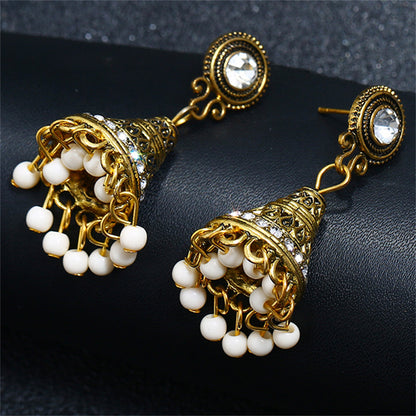 White Resin and Cubic Zirconia Beaded Tassel Drop Earrings, drop earrings for women, vintage-inspired design, side view