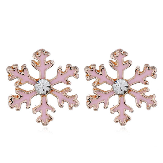 Pink Enamel and Cubic Zirconia Snowflake Stud Earrings, stud earrings for women, everyday style, front view
