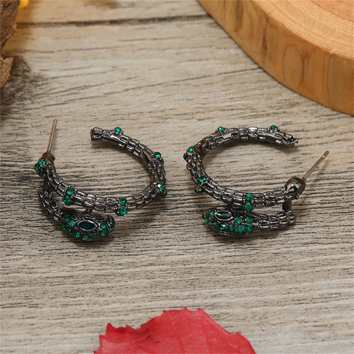 Green Cubic Zirconia and Black-Plated Snake Huggie Earrings, huggie earrings, dainty minimalist design, lifestyle look