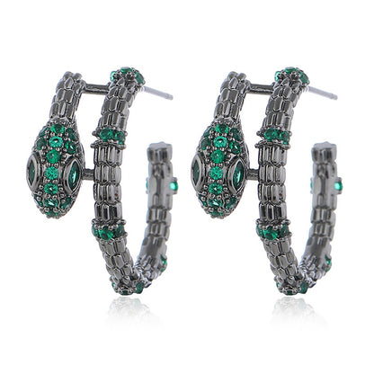 Green Cubic Zirconia and Black-Plated Snake Huggie Earrings, huggie earrings, dainty minimalist design, side view