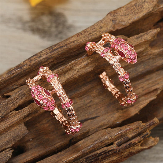 Rose Cubic Zirconia and 18K Rose Gold-Plated Snake Huggie Earrings, rose gold huggie earrings, front view