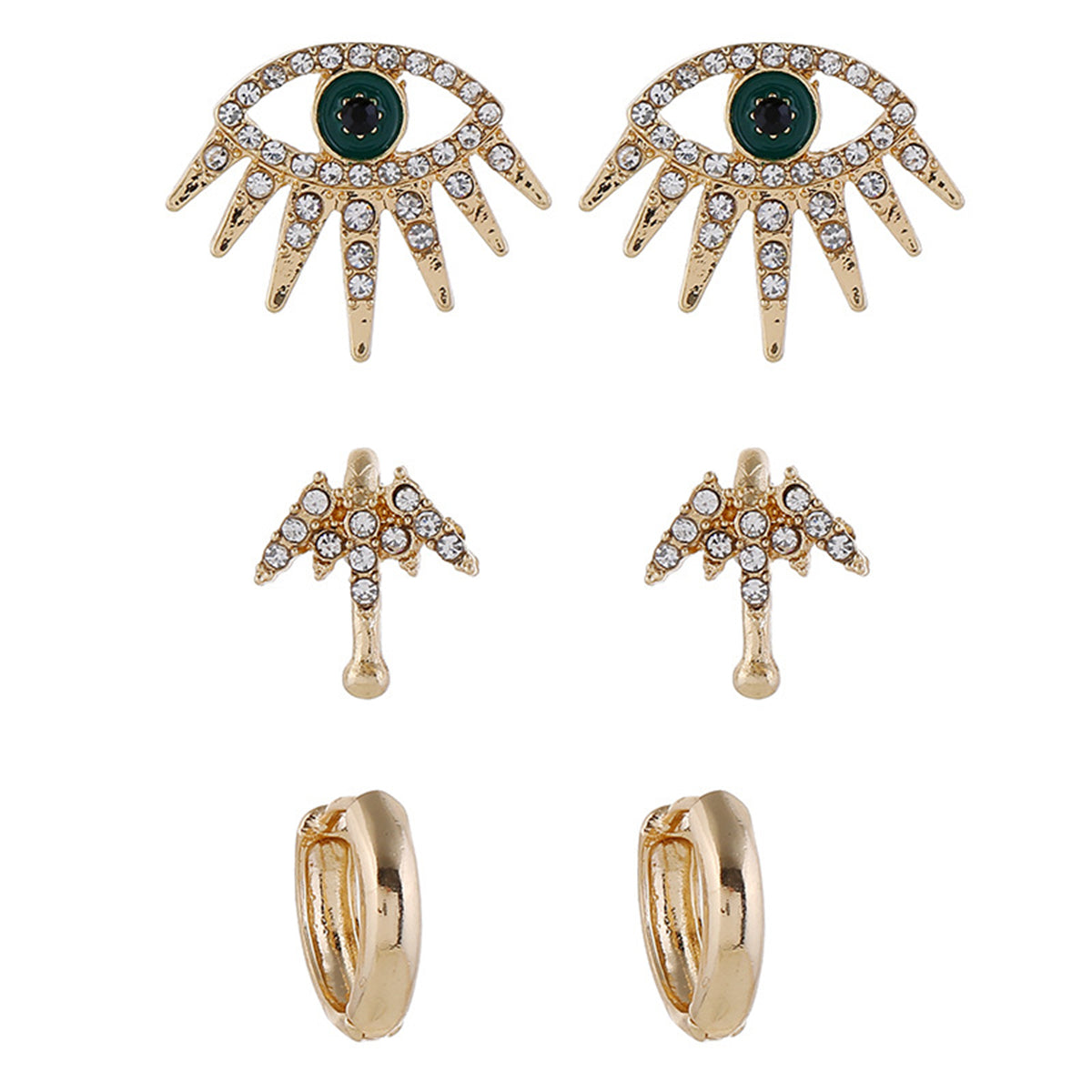 Cubic Zirconia and 18K Gold-Plated Eye Stud Earrings Set, gold huggie earrings, vintage-inspired design, detail close-up
