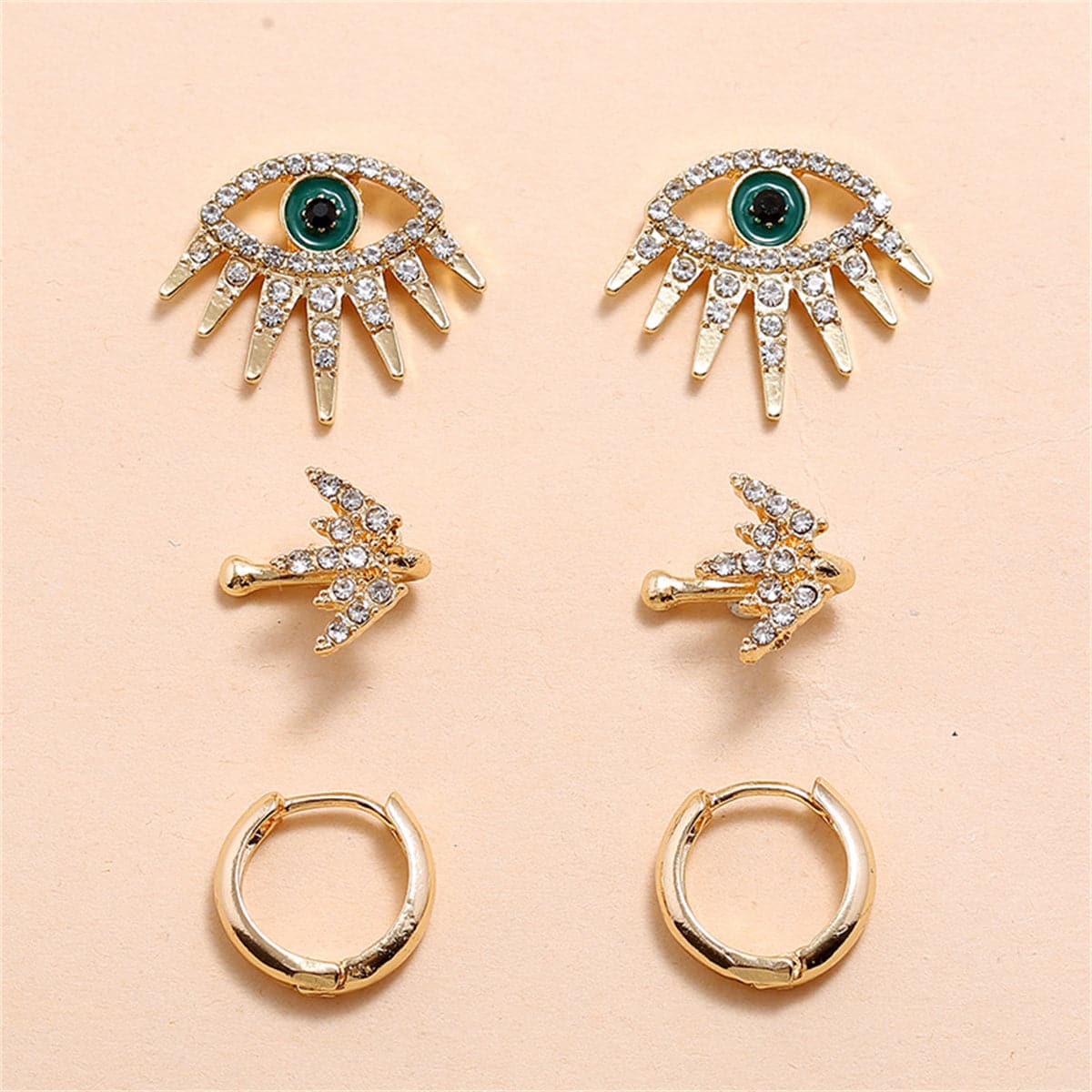 Cubic Zirconia and 18K Gold-Plated Eye Stud Earrings Set, gold huggie earrings, vintage-inspired design, side view