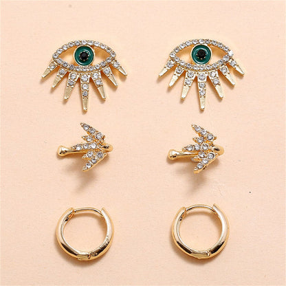 Cubic Zirconia and 18K Gold-Plated Eye Stud Earrings Set, gold huggie earrings, vintage-inspired design, side view