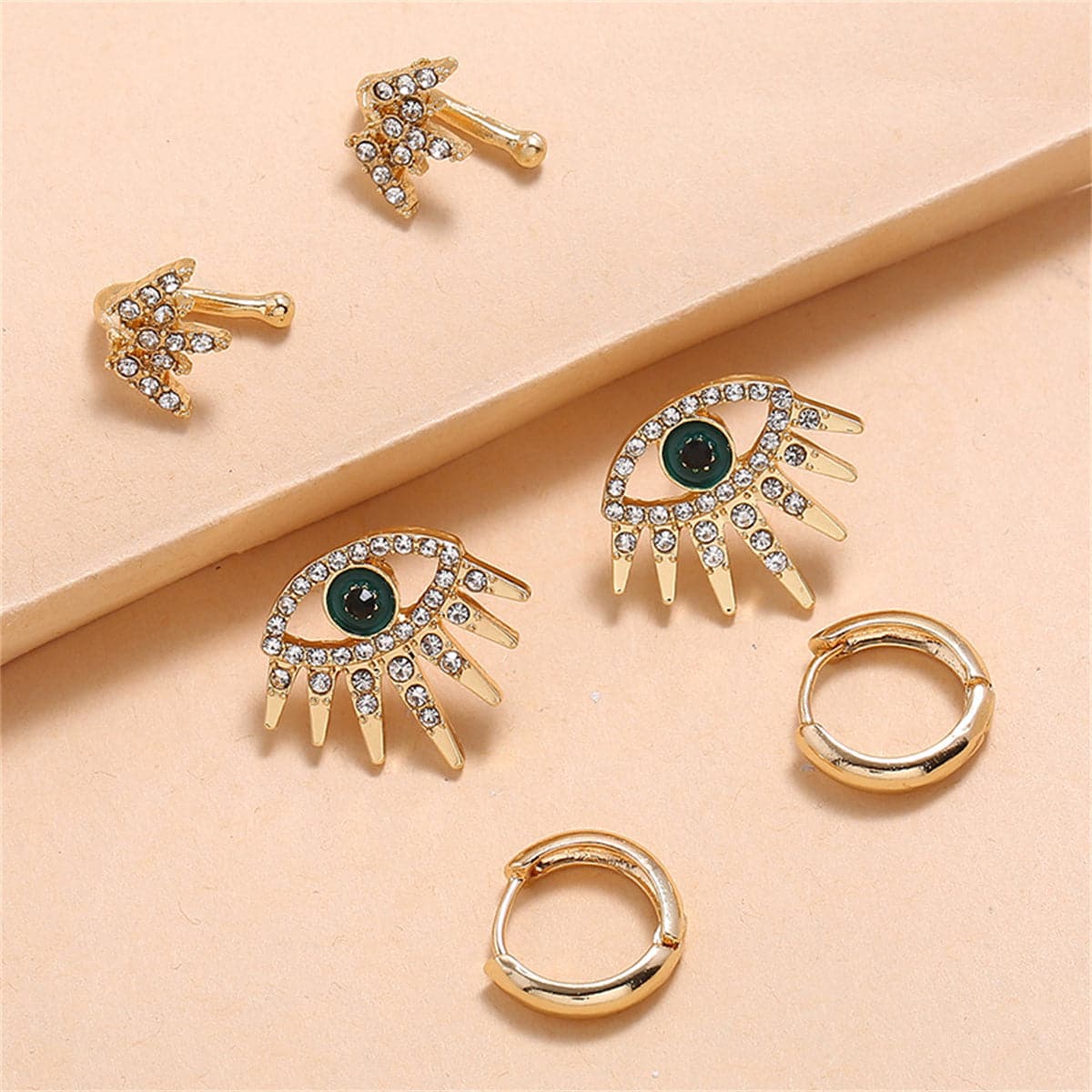 Cubic Zirconia and 18K Gold-Plated Eye Stud Earrings Set, gold huggie earrings, vintage-inspired design, front view