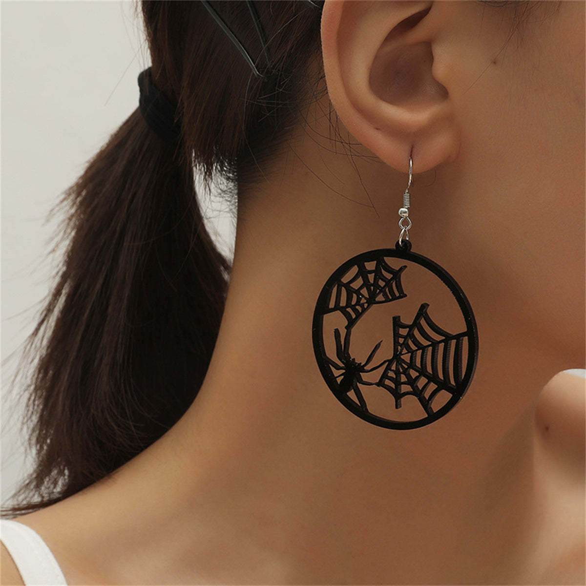 Black Acrylic and Silver-Plated Spider Web Round Drop Earrings, silver drop earrings for women, front view