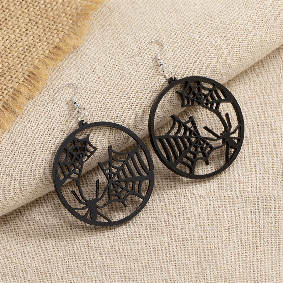 Black Acrylic and Silver-Plated Spider Web Round Drop Earrings, silver drop earrings for women, lifestyle look