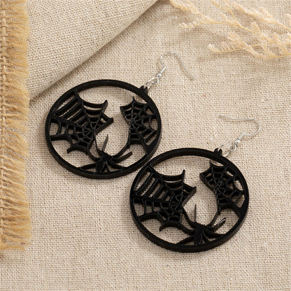 Black Acrylic and Silver-Plated Spider Web Round Drop Earrings, silver drop earrings for women, detail close-up