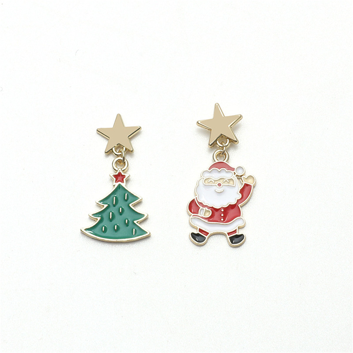 Green Enamel & 18K Gold-Plated Star Santa Christmas Tree Mismatch Drop Earrings