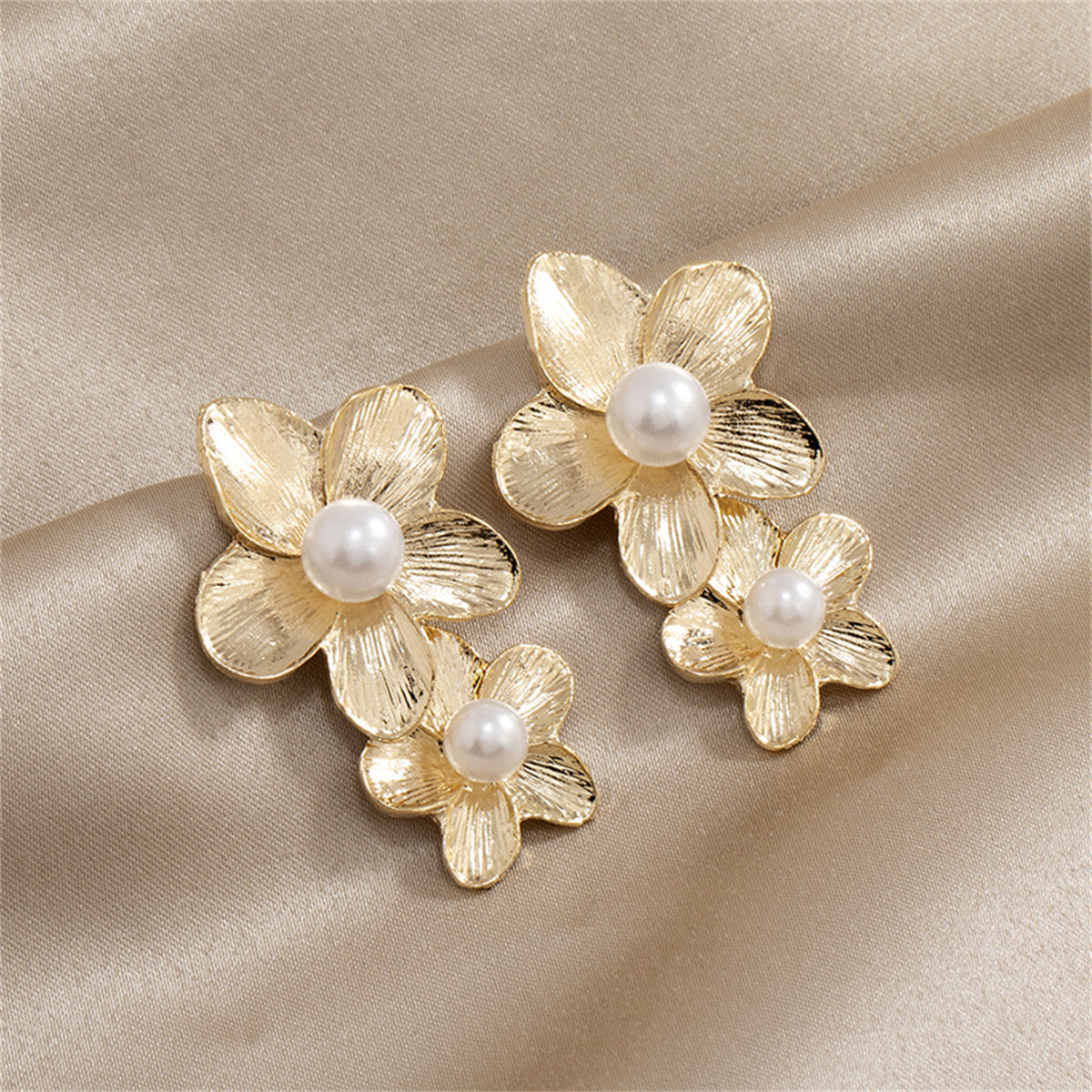 Pearl and 18K Gold-Plated Linked Flower Drop Earrings, gold drop earrings for women, everyday style, front view