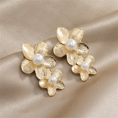 Pearl and 18K Gold-Plated Linked Flower Drop Earrings, gold drop earrings for women, everyday style, front view
