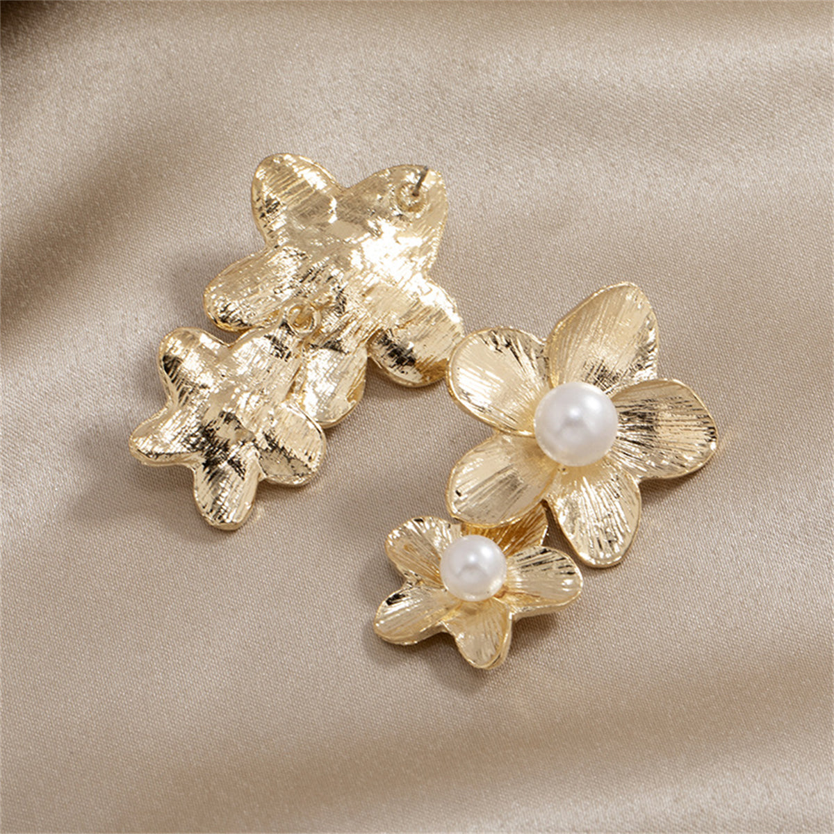 Pearl and 18K Gold-Plated Linked Flower Drop Earrings, gold drop earrings for women, everyday style, detail close-up