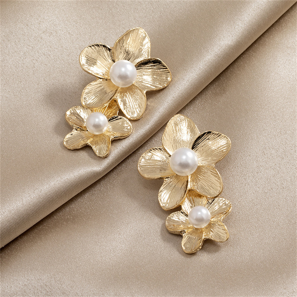 Pearl and 18K Gold-Plated Linked Flower Drop Earrings, gold drop earrings for women, everyday style, lifestyle look