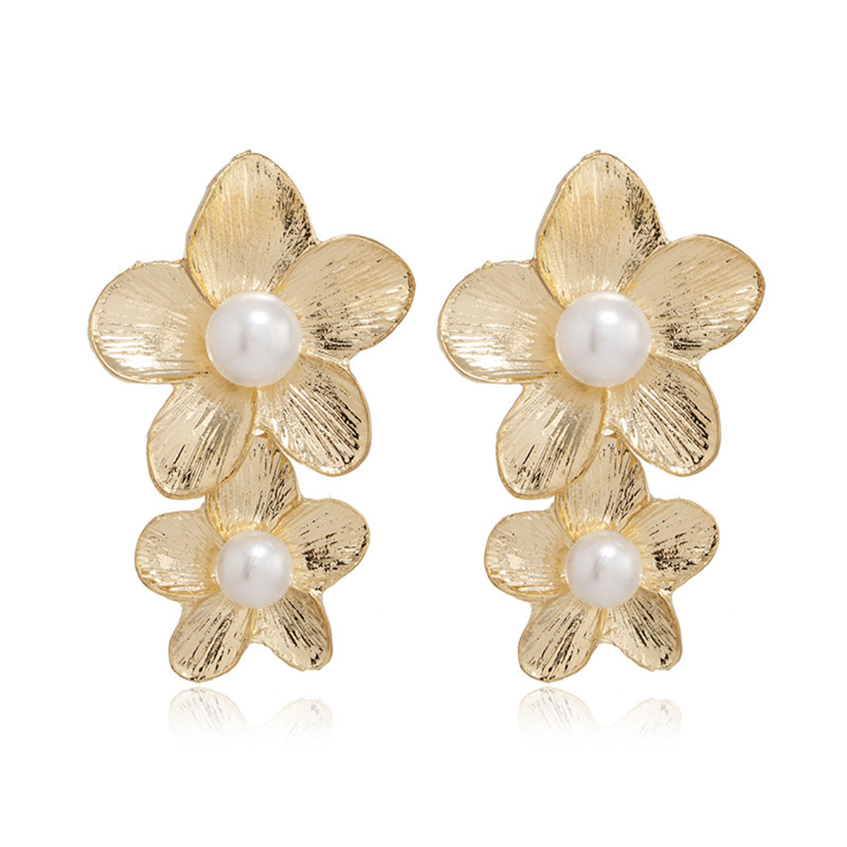Pearl and 18K Gold-Plated Linked Flower Drop Earrings, gold drop earrings for women, everyday style, side view