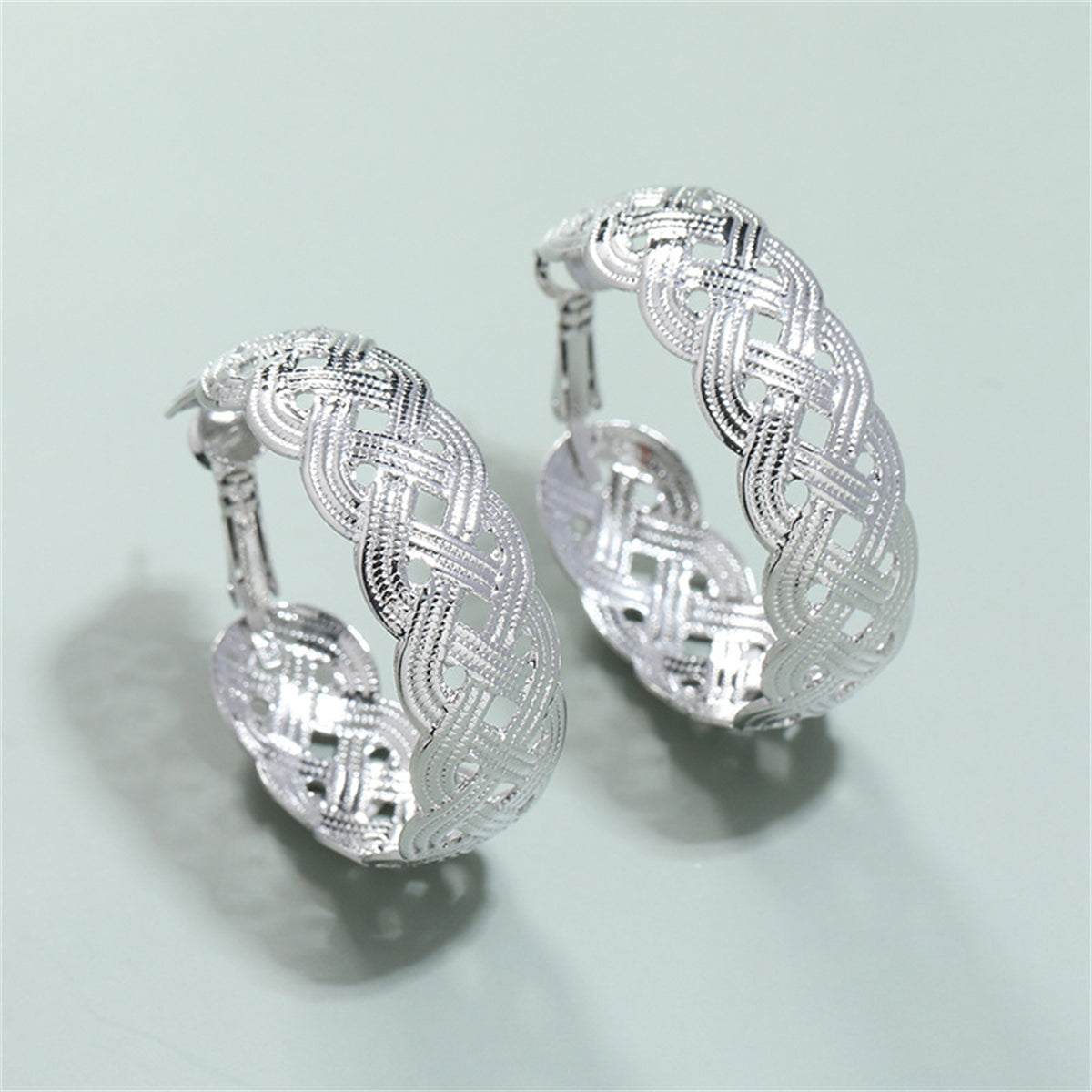 Silver-Plated Weaving Hoop Earrings, vintage-inspired design, front view