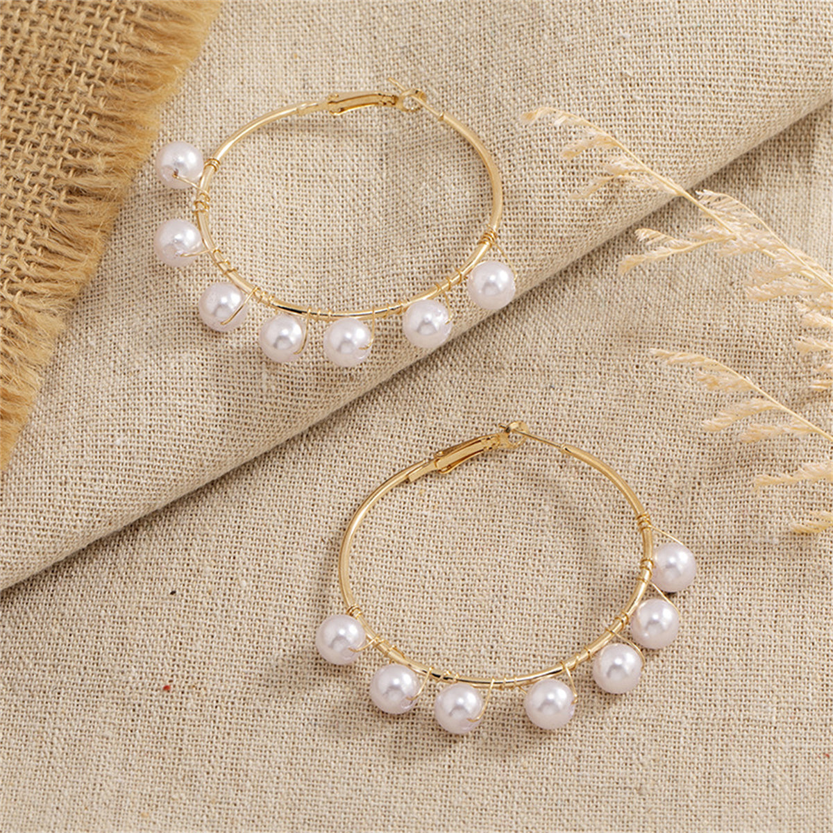 Pearl and 18K Gold-Plated Beaded Hoop Earrings, vintage-inspired design, detail close-up