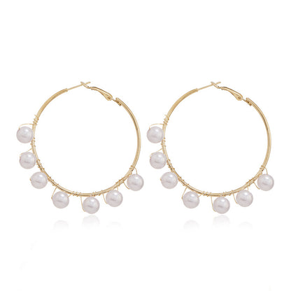 Pearl and 18K Gold-Plated Beaded Hoop Earrings, vintage-inspired design, front view