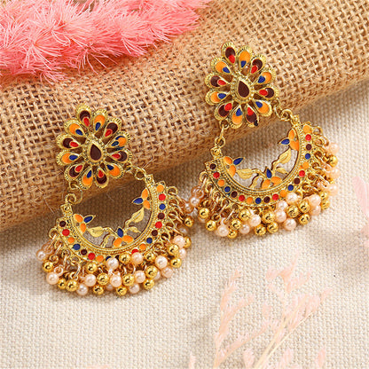 Pearl and Enamel 18K Gold-Plated Peacock Drop Earrings, gold drop earrings for women, elegant gift for her, detail close-up
