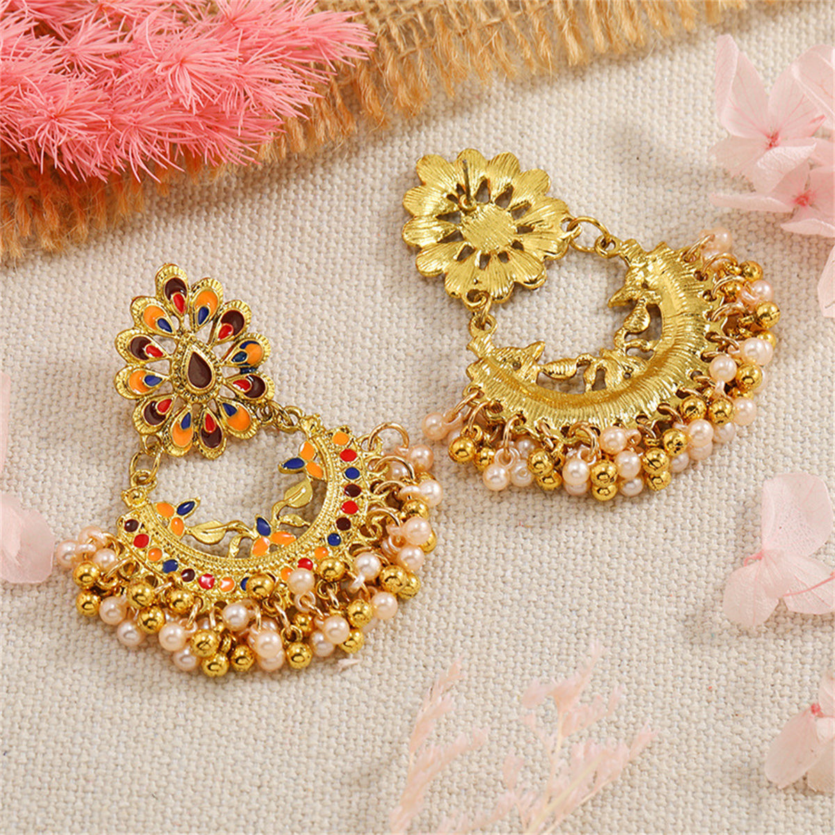 Pearl and Enamel 18K Gold-Plated Peacock Drop Earrings, gold drop earrings for women, elegant gift for her, styled look