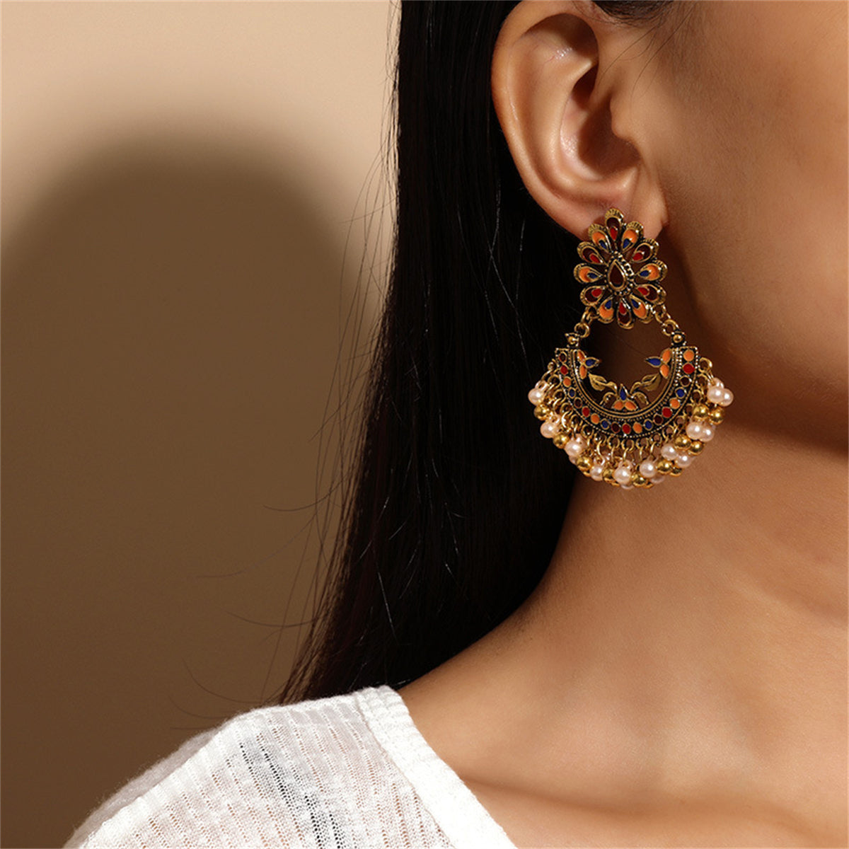 Pearl and Enamel 18K Gold-Plated Peacock Drop Earrings, gold drop earrings for women, elegant gift for her, front view