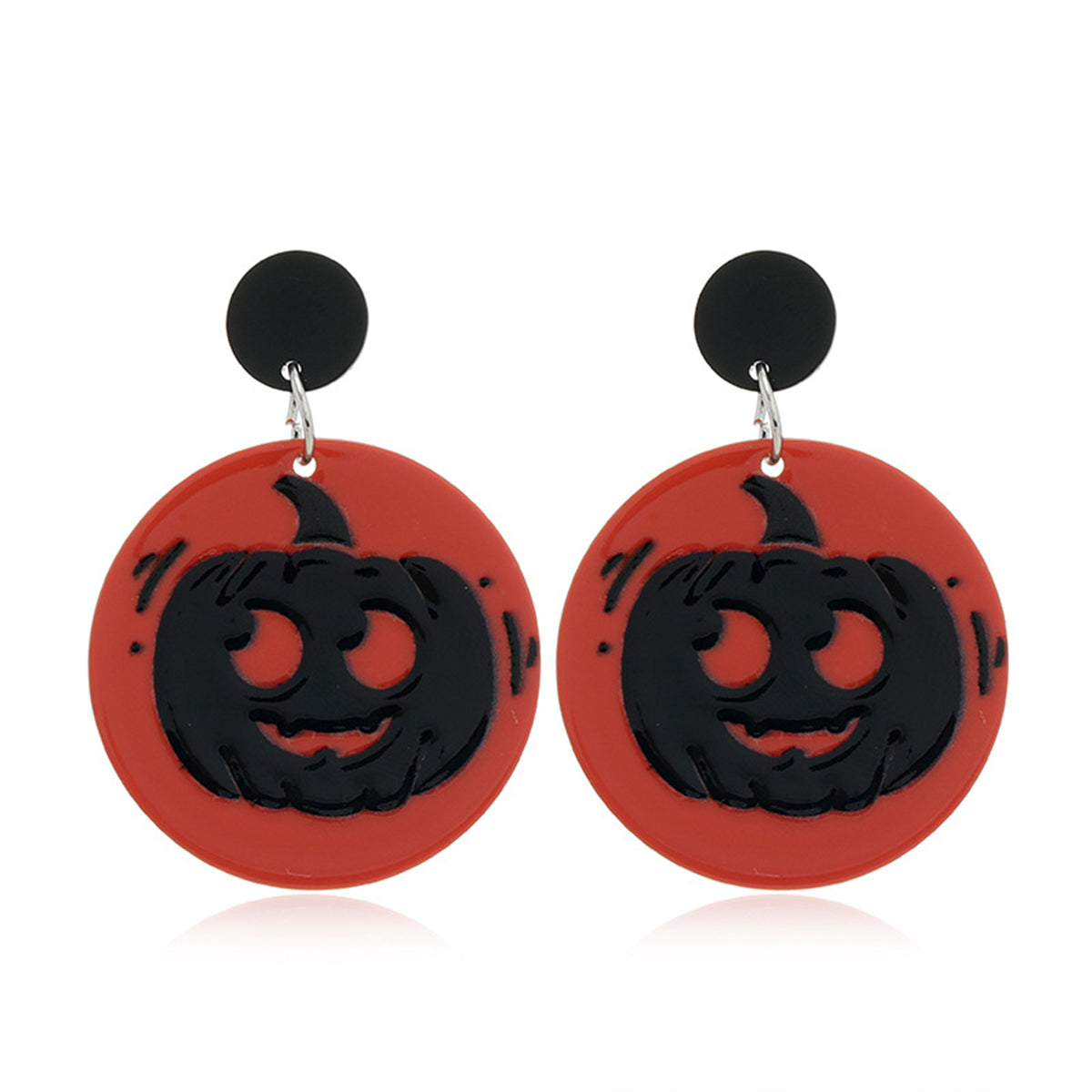 Red and Black Jack-O'-Lantern Drop Earrings, drop earrings for women, dainty minimalist design, front view