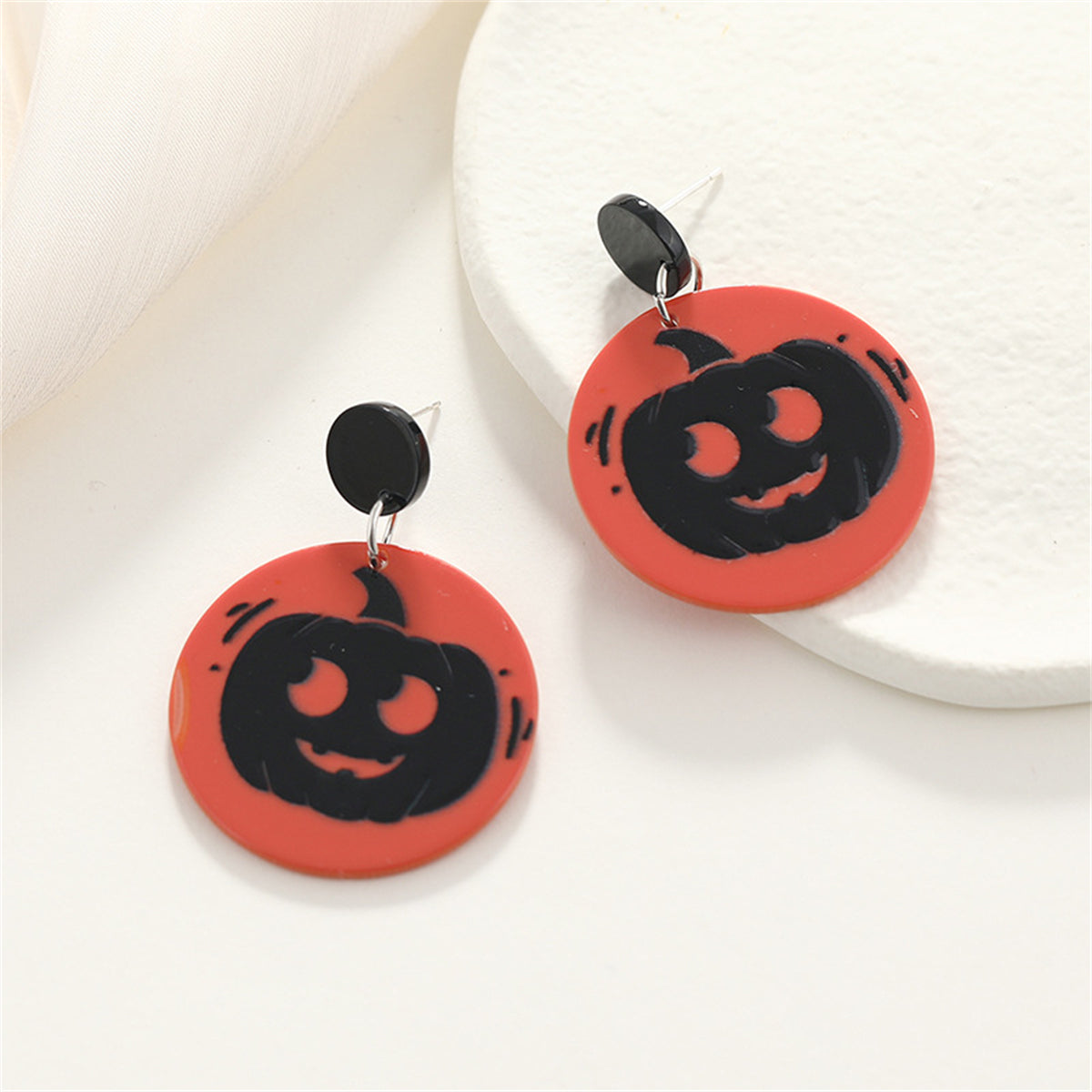 Red and Black Jack-O'-Lantern Drop Earrings, drop earrings for women, dainty minimalist design, side view