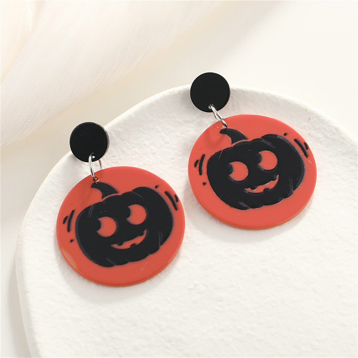 Red and Black Jack-O'-Lantern Drop Earrings, drop earrings for women, dainty minimalist design, detail close-up