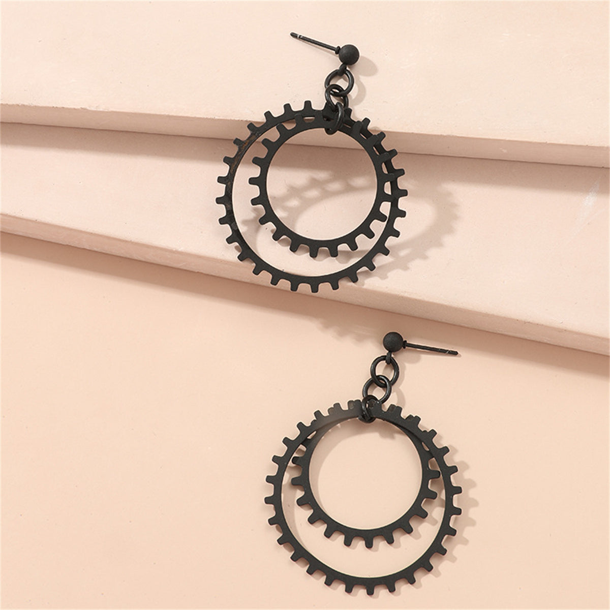 Black Gear Drop Earring, drop earrings for women, dainty minimalist design, detail close-up