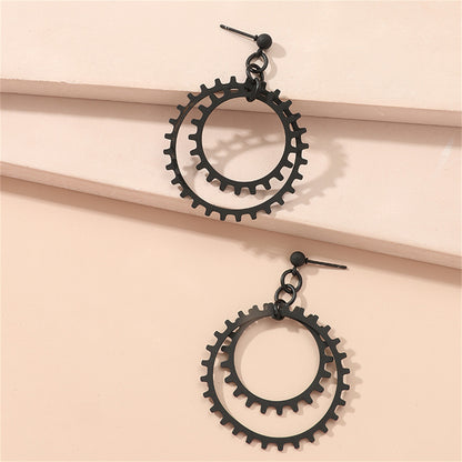 Black Gear Drop Earring, drop earrings for women, dainty minimalist design, detail close-up
