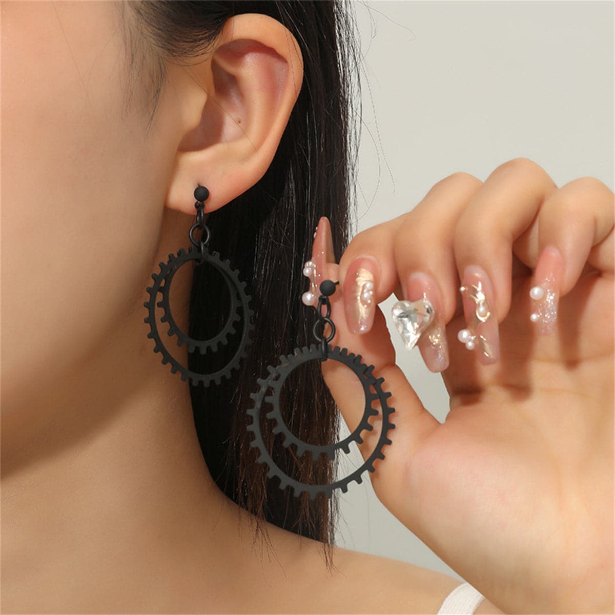 Black Gear Drop Earring, drop earrings for women, dainty minimalist design, front view