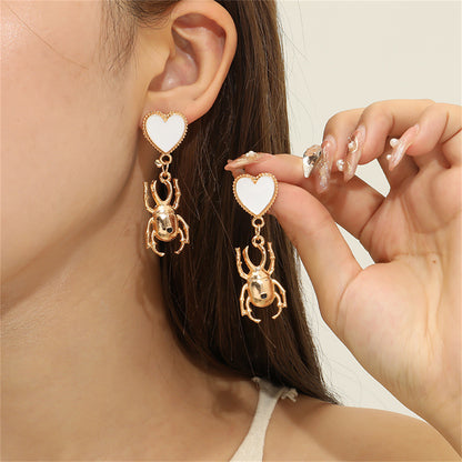 White Enamel and 18K Gold-Plated Heart Insect Drop Earring, gold drop earrings for women, botanical inspired, front view