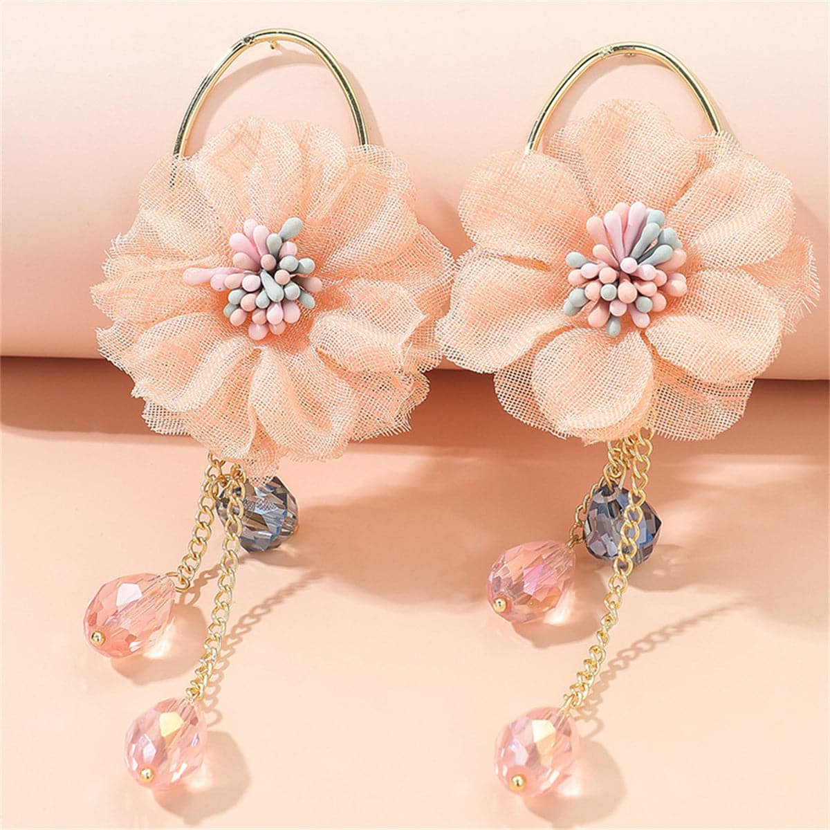 Pink Polyester and Acrylic Floral Tassel Drop Earrings, drop earrings for women, everyday style, side view