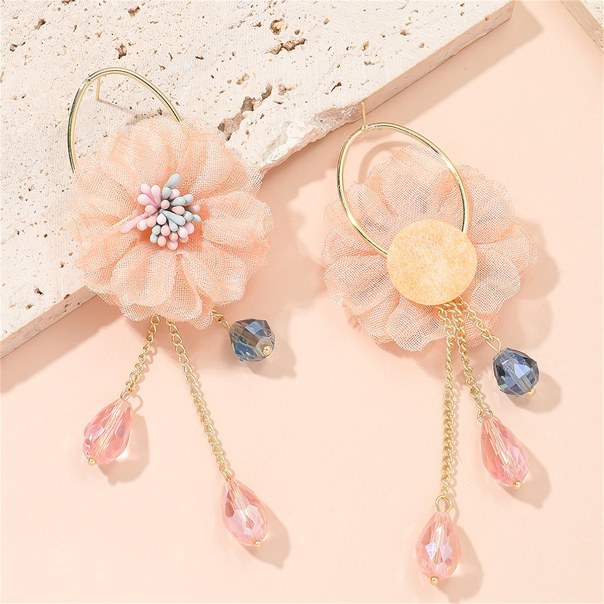 Pink Polyester and Acrylic Floral Tassel Drop Earrings, drop earrings for women, everyday style, detail close-up