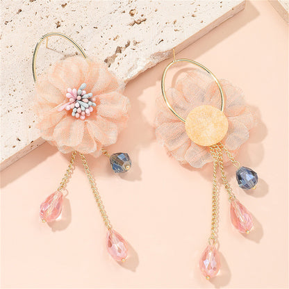Pink Polyester and Acrylic Floral Tassel Drop Earrings, drop earrings for women, everyday style, detail close-up