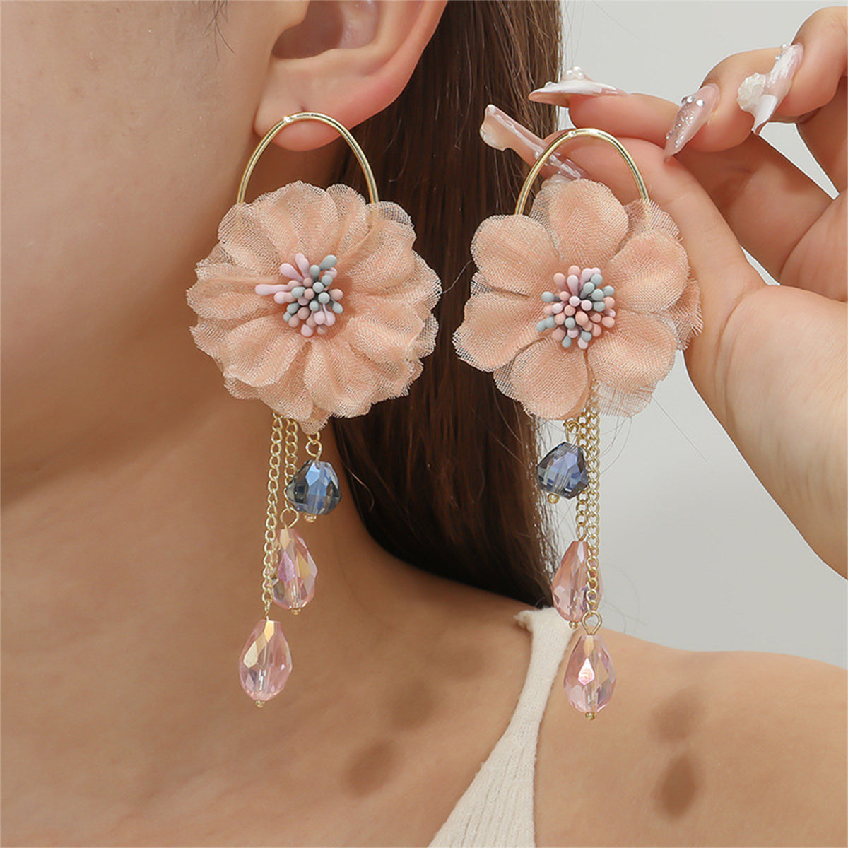 Pink Polyester and Acrylic Floral Tassel Drop Earrings, drop earrings for women, everyday style, lifestyle look