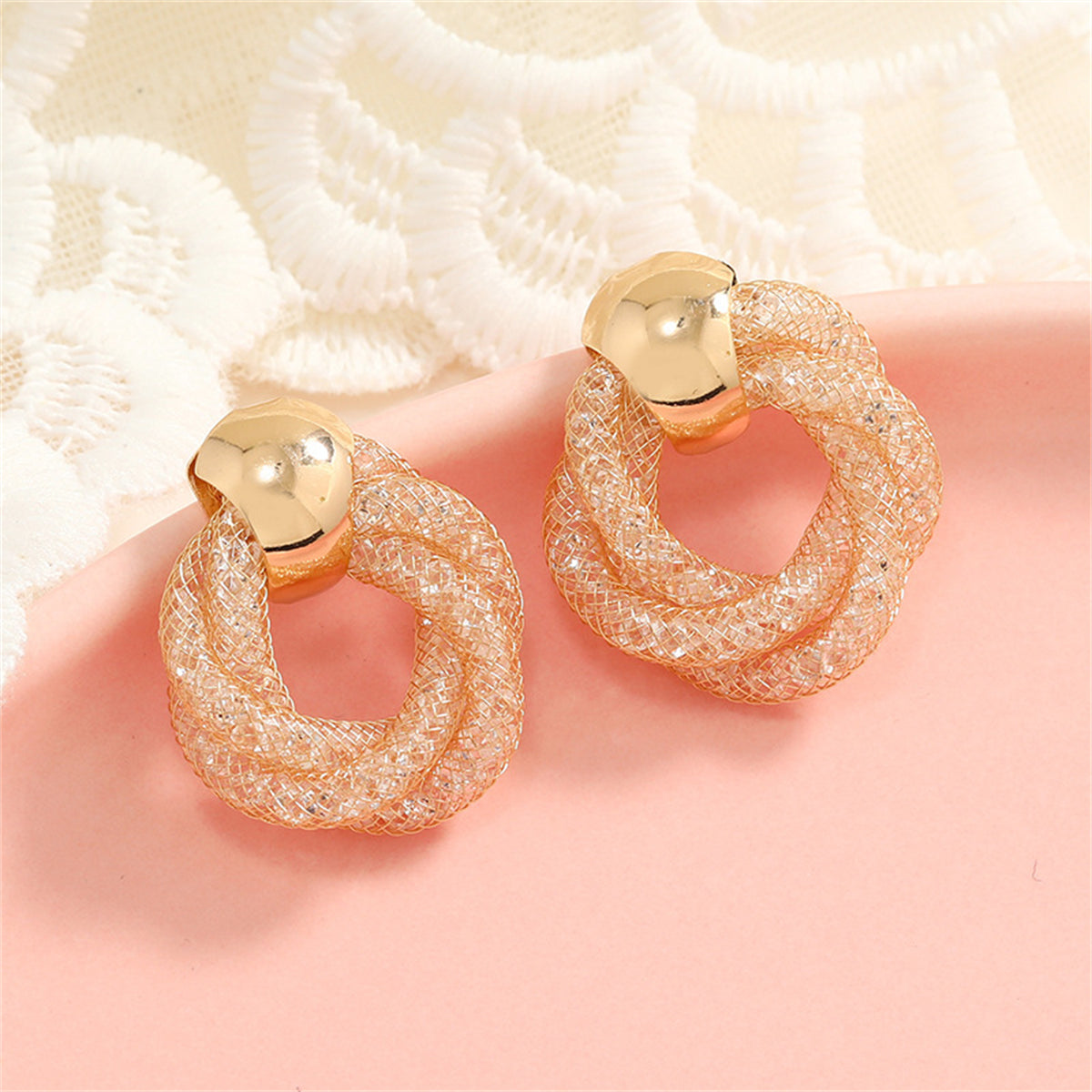 Cubic Zirconia and 18K Gold-Plated Web Twine Drop Earrings, gold stud earrings for women, front view