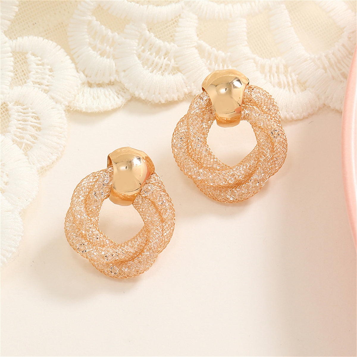 Cubic Zirconia and 18K Gold-Plated Web Twine Drop Earrings, gold stud earrings for women, detail close-up