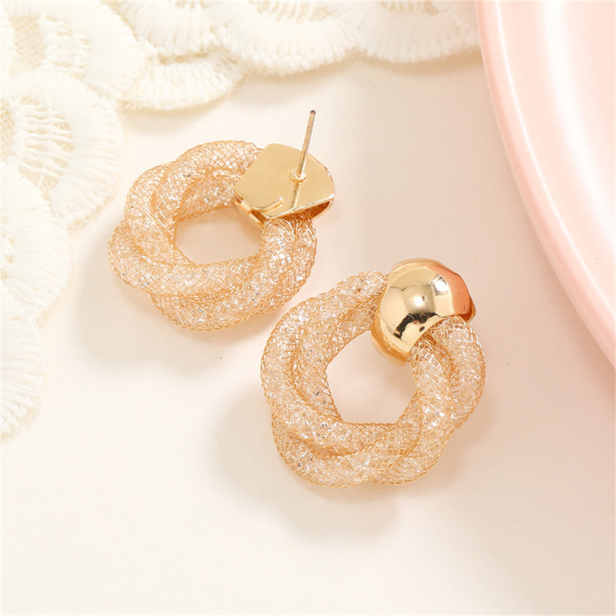Cubic Zirconia and 18K Gold-Plated Web Twine Drop Earrings, gold stud earrings for women, lifestyle look