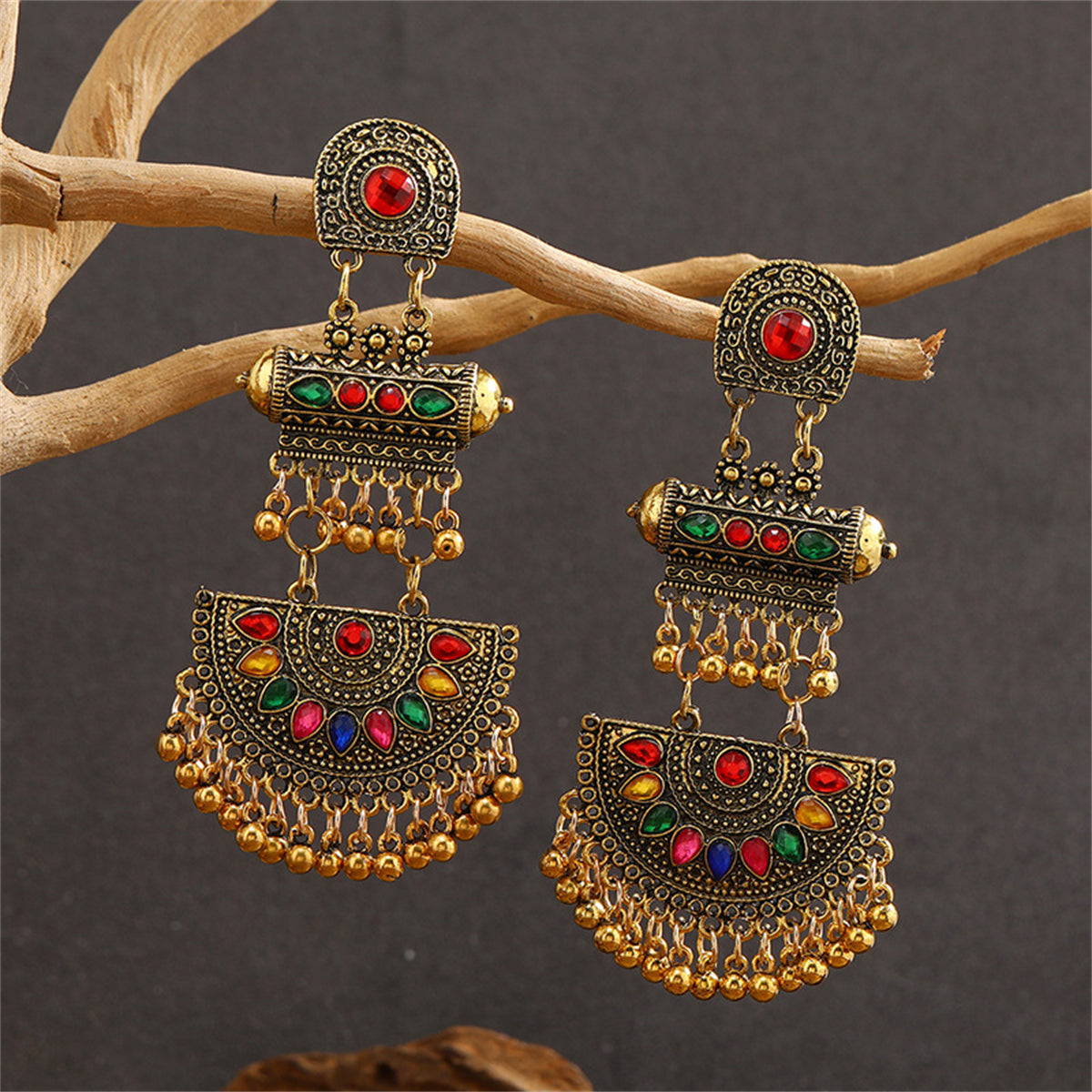 Red Crystal and 18K Gold-Plated Geometric Tassel Drop Earrings, gold drop earrings for women, front view