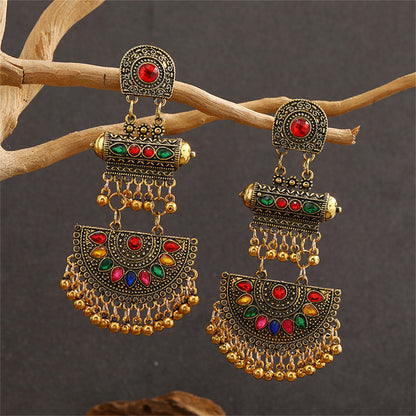 Red Crystal and 18K Gold-Plated Geometric Tassel Drop Earrings, gold drop earrings for women, front view