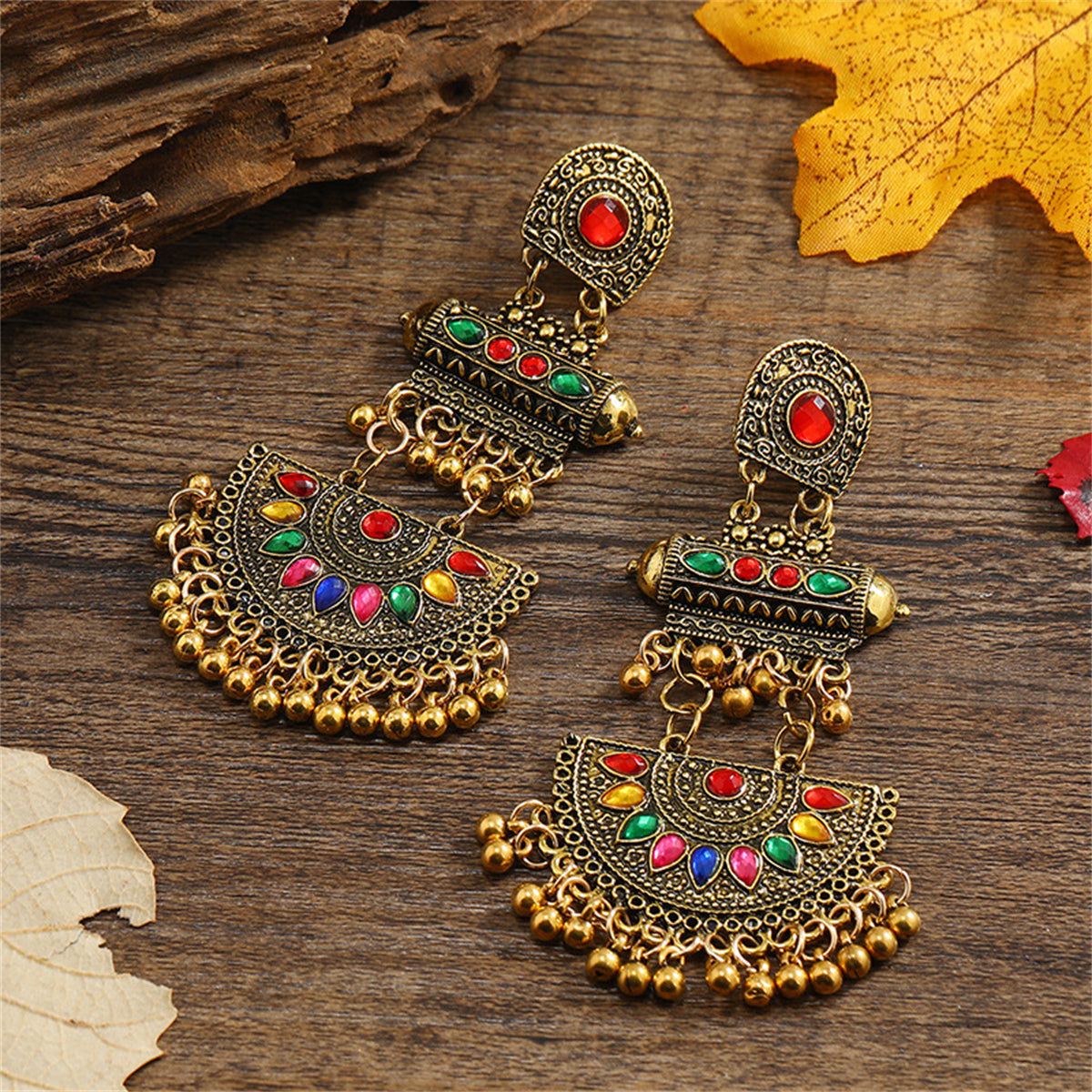 Red Crystal and 18K Gold-Plated Geometric Tassel Drop Earrings, gold drop earrings for women, detail close-up