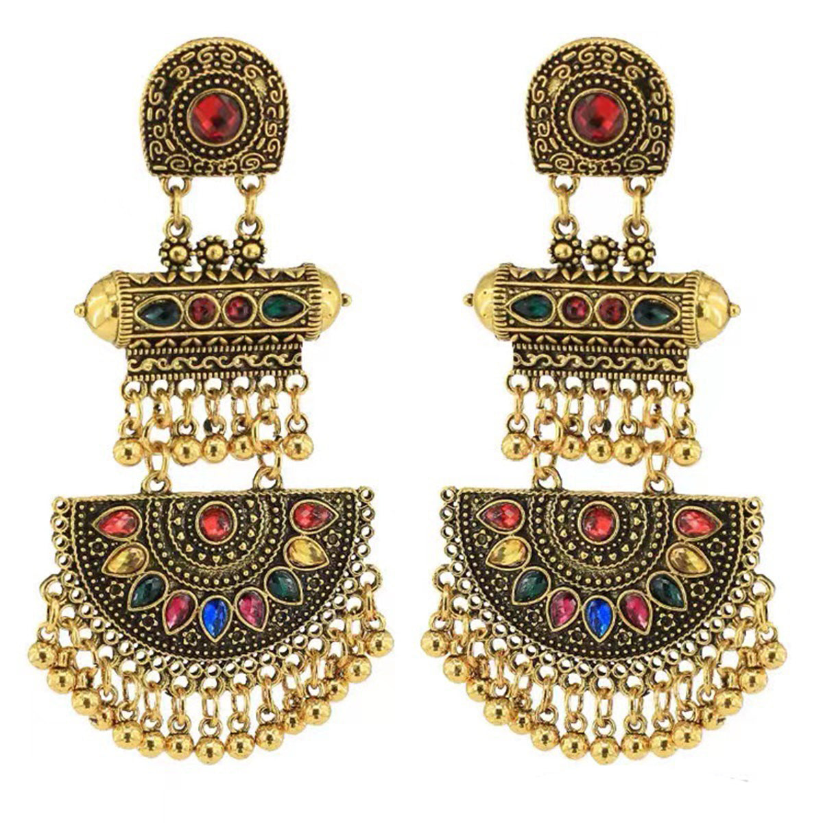 Red Crystal and 18K Gold-Plated Geometric Tassel Drop Earrings, gold drop earrings for women, elegant gift for her, side view