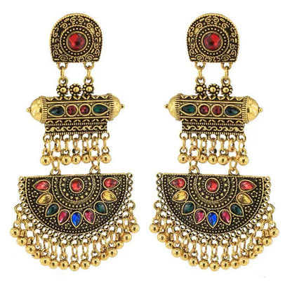 Red Crystal and 18K Gold-Plated Geometric Tassel Drop Earrings, gold drop earrings for women, elegant gift for her, side view